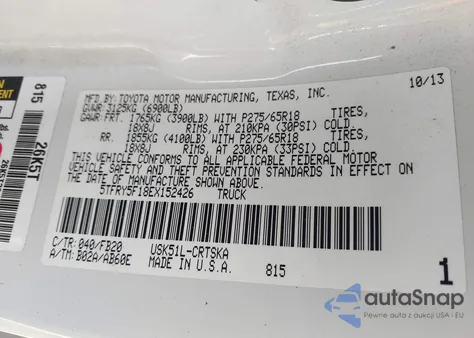 2014 Toyota Tundra Sr5 5.7L V8 from USA, damaged, VIN 5TFRY5F18EX152426